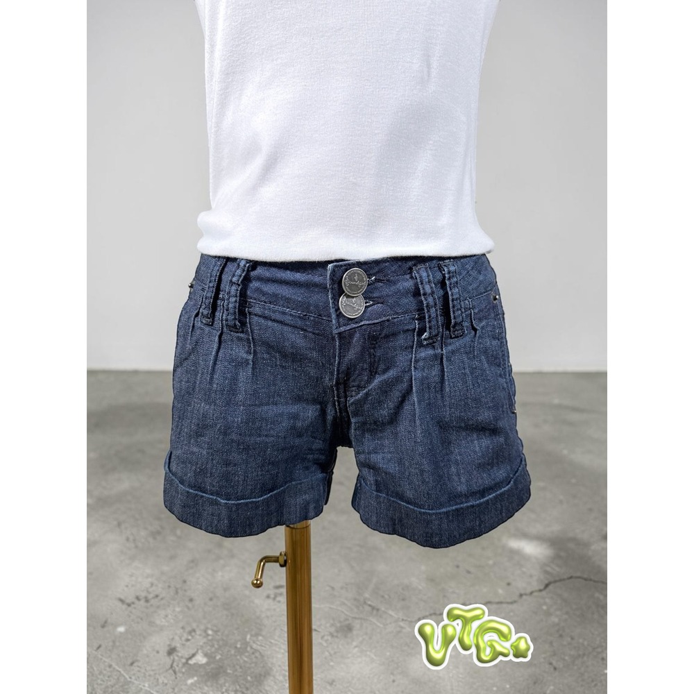 Vtg SOUNDGIRL Y2K Low Rise Denim Shorts Women 5 Dark Wash Pleated Cuffed 00s